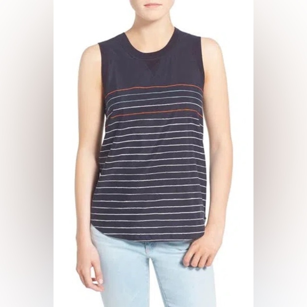AG Adriano Goldschmied 'SKY' SILK & COTTON TANK Top IN BLUE NIGHT STRIPE Basic